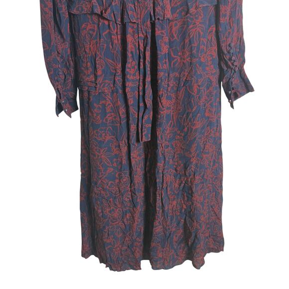 Jason Wu Navy Red Floral Print Tie Neck Long Sleeve Midi Shirt Dress Size 8 - Picture 15 of 16